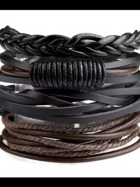 Men's Bracelets Leather 4pc Braided Layered Brown Black New G4